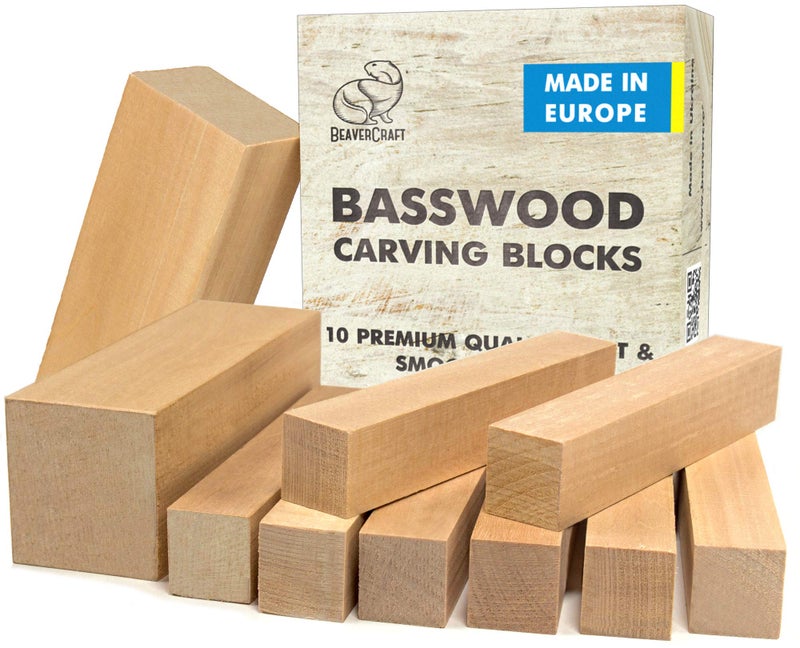 BeaverCraft Basswood Carving Blocks Set BW 10 PCS Wood Carving Kit - Whittling Wood - Soft Basswood Block for Crafts - Large Unfinished Wooden Blocks 2PCS 1.98" Ñ… 5.95" 8PCS 1.02" Ñ… 5.95" - Image 1
